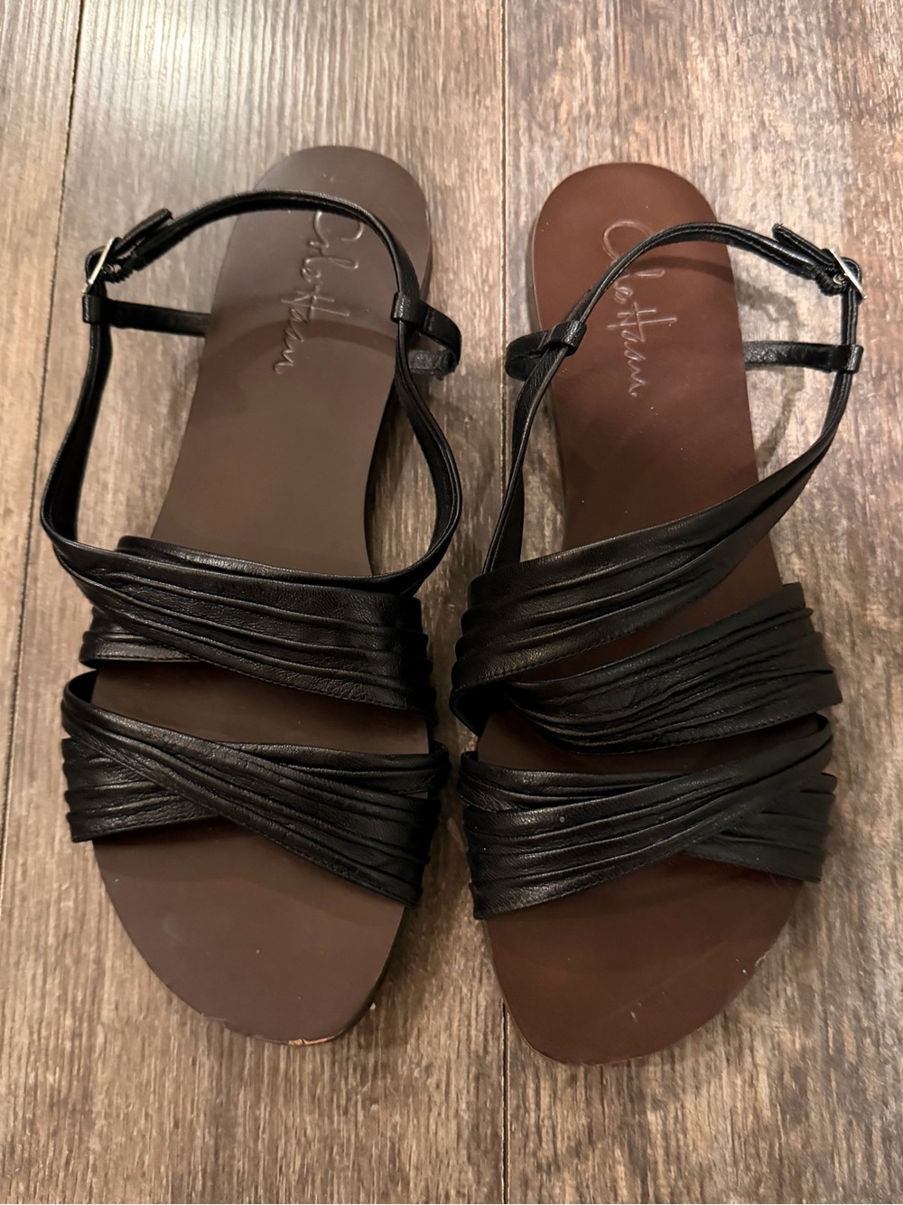 Cole Haan Black and Brown Leather Strappy Ankle Sandals